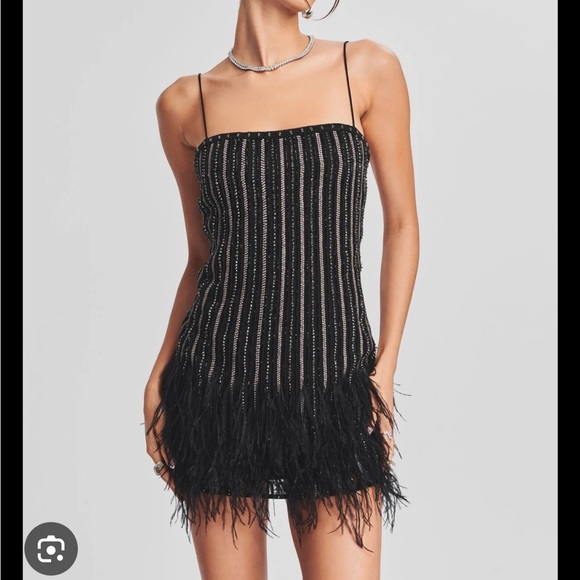 Retrofete Dresses & Skirts - Retrofete Rubina Sequin Feather Mini Dress Black Square Neck